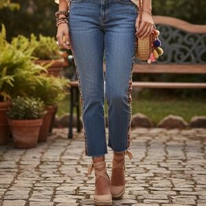 Reworked Unique High Rise Blue Jeans with Patterned Stripes Fits Size S- M US 27